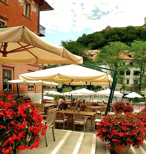 Inviting flower terrace in the beloved old Ljubljana, Slovenia