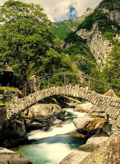 Stone bridge in Val Bavona, Ticino Canton, Switzerland
