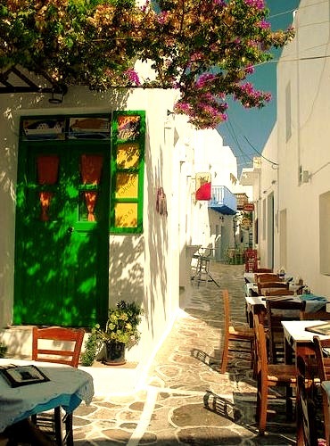 Terrace on the streets of Plaka, Milos Island, Greece
