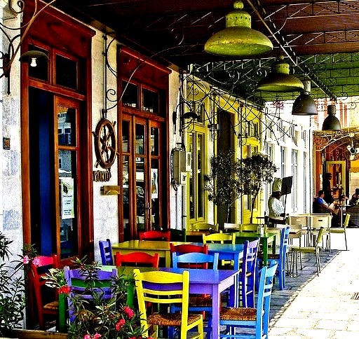 Streetside cafe in Hermoupolis, Syros Island, Greece