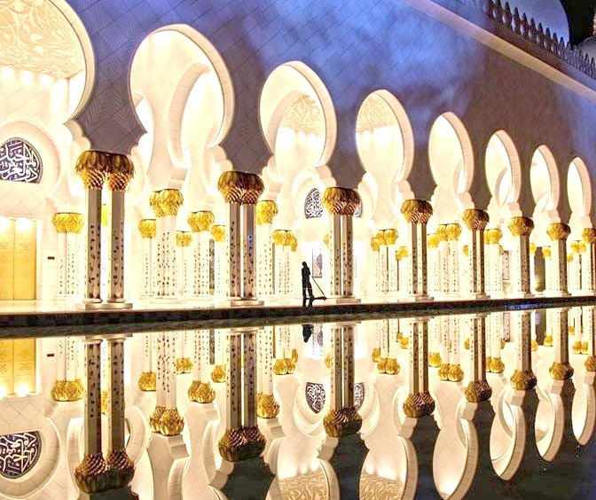 Reflections in the night at Sheikh Zayed Grand Mosque in Abu Dhabi, United Arab Emirates