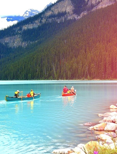 Canoes at Lake Louise in Banff National Park, Canada